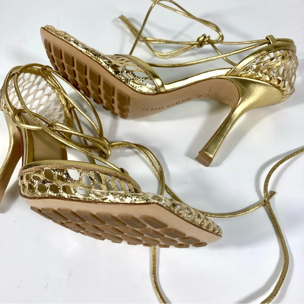 Bottega Veneta Stretch Ankle Wrap Square Toe Sandal Gold 36EU 6 651388V1BT1 NEW